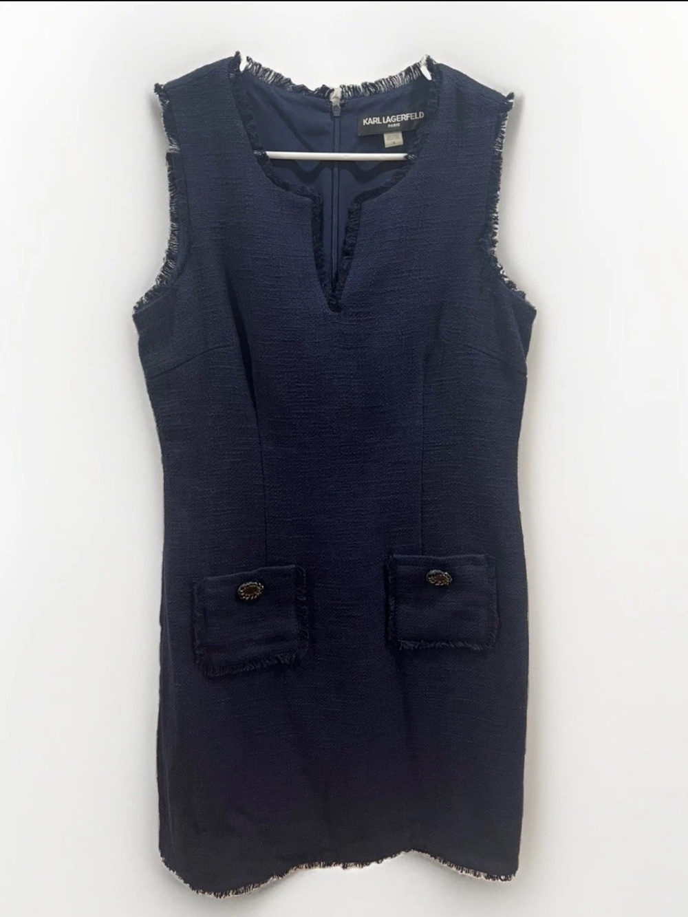 Karl Lagerfeld Paris Women’s Navy Tweed Sleeveless Dress Size 8 Fringe Trim